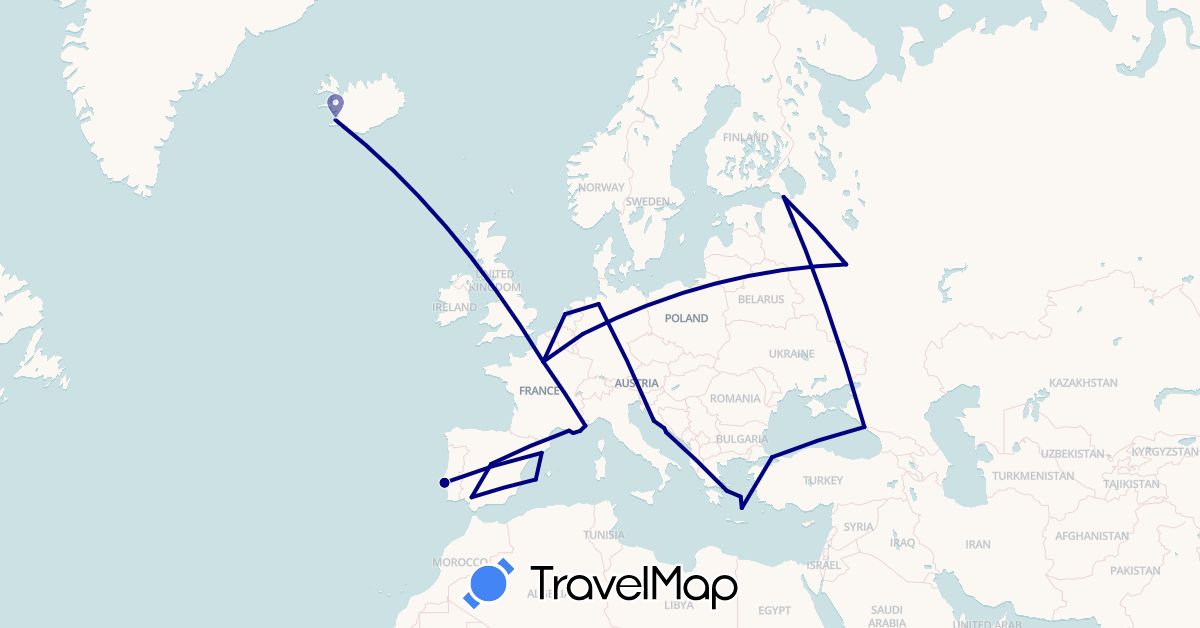 TravelMap itinerary: driving in Germany, Spain, France, Greece, Croatia, Iceland, Netherlands, Portugal, Russia, Turkey (Asia, Europe)